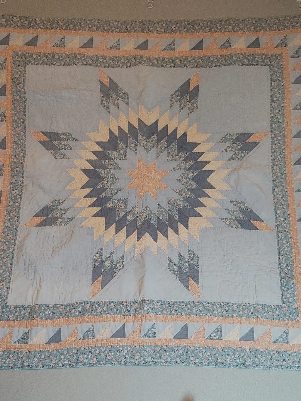 Antique Square Lonestar Small Hand Quilted Quilt in Blue and Pink